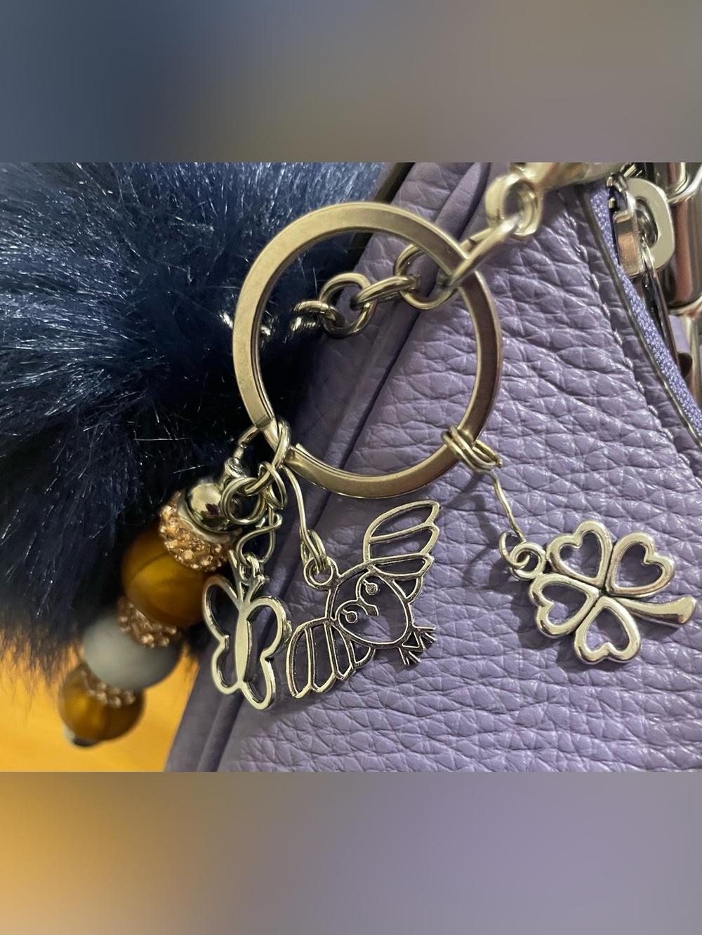 Keychain /bag Charm with clover, bird, and butterfly accents-HANDMADE